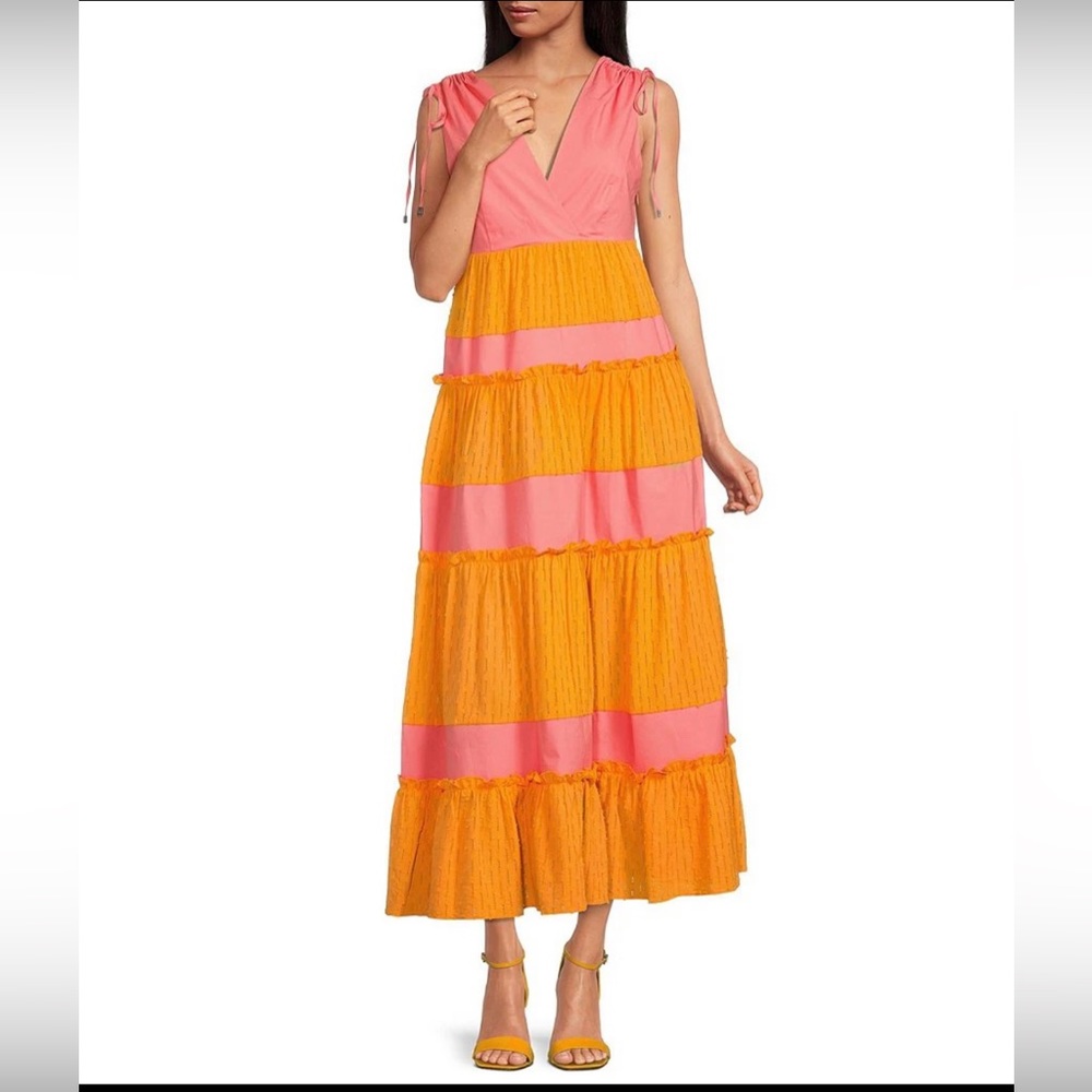 LDT Daphne Tie Shoulder Tiered Color Block Surplice V-Neck Drawstring Maxi Dress
